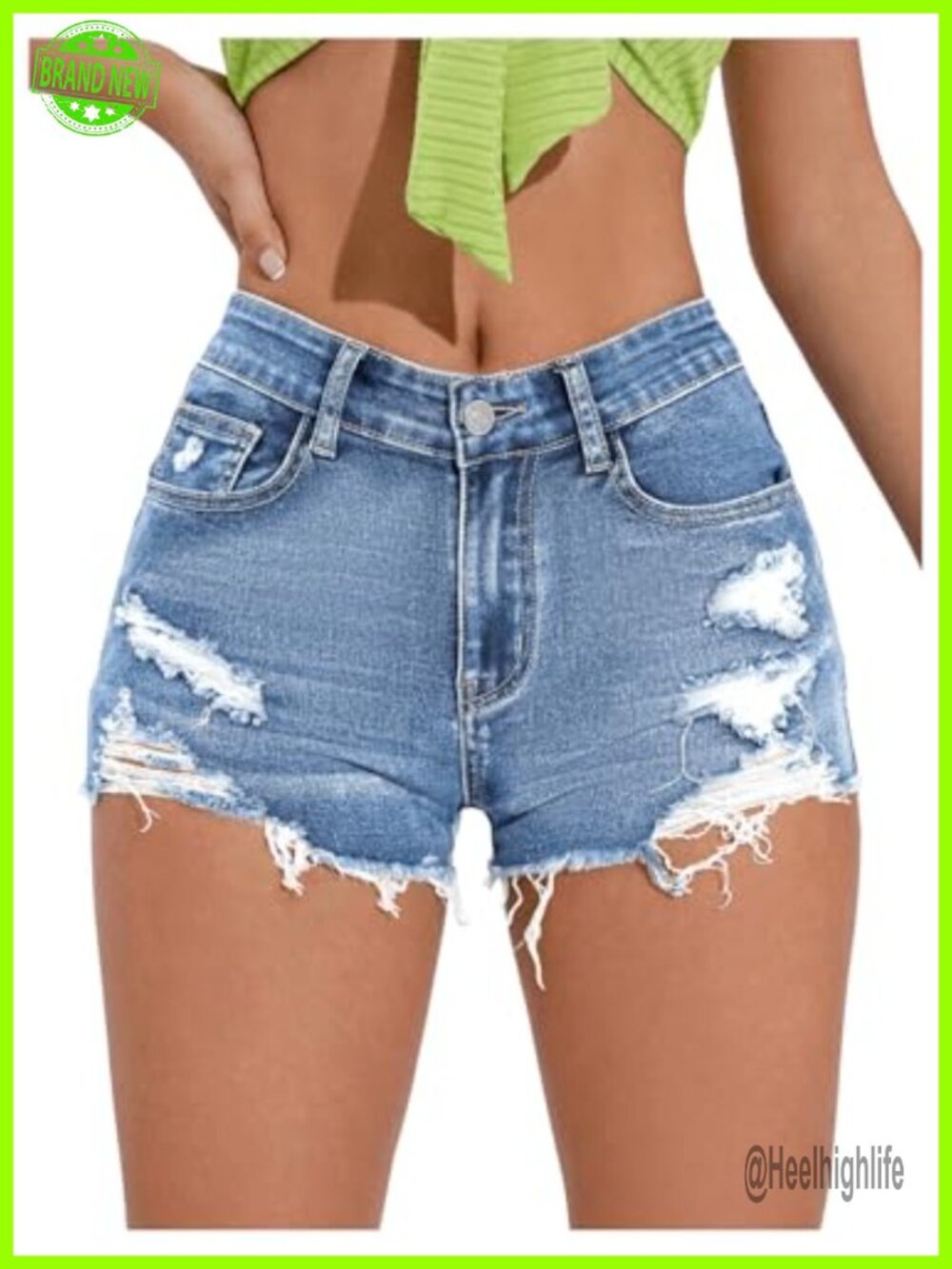 Women's Ripped Denim Shorts High Rise Straight Leg Button Front
